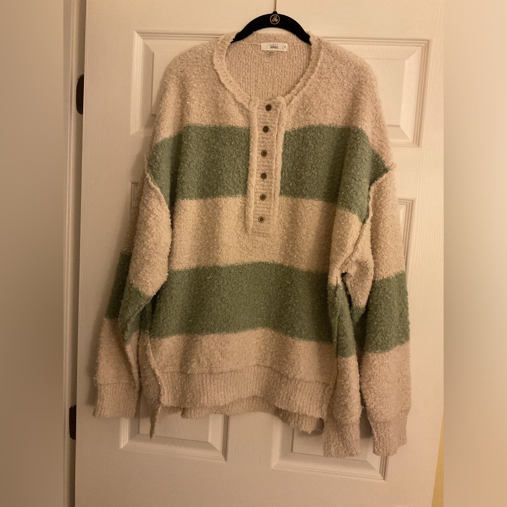 Talulah Striped Button Henly Fuzzy Boucle Oversized Cozy Sweater Sage Natural SM